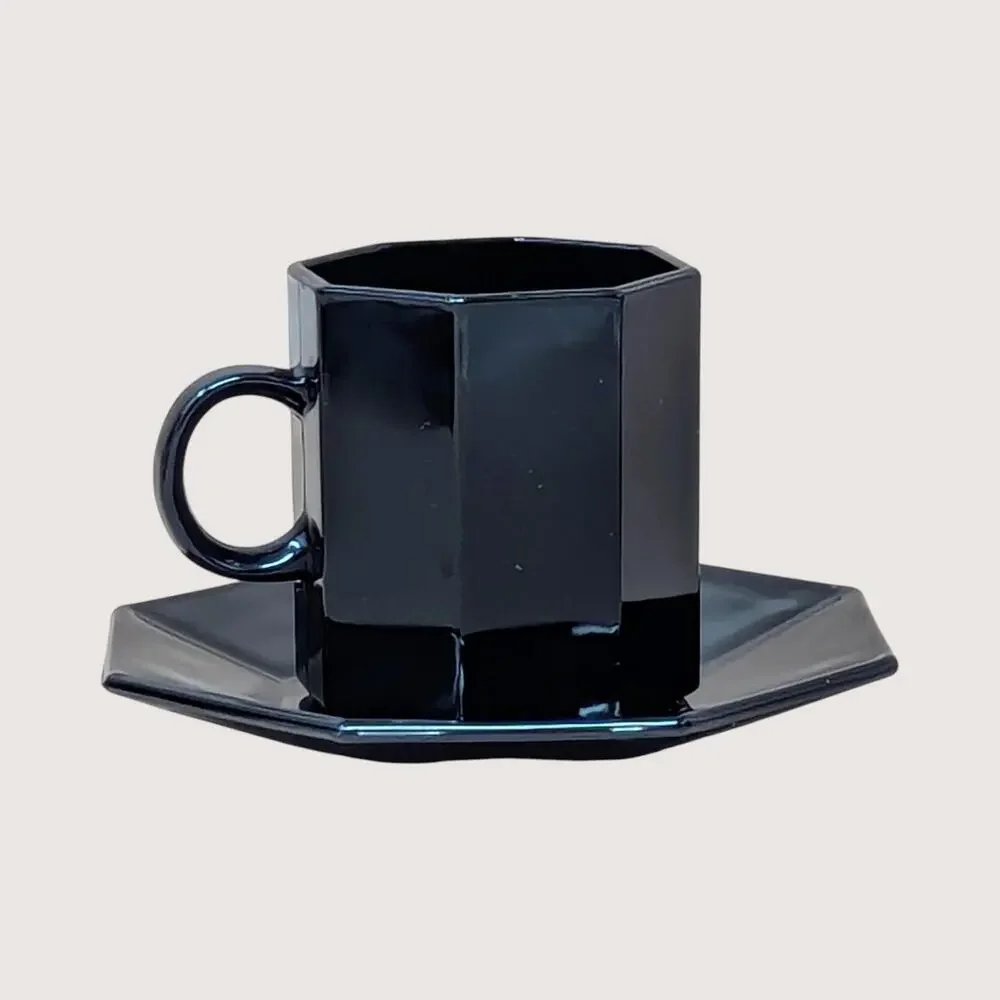 1980s Arcoroc France Octine Black Glass Espresso Cup and Saucer Set of 4